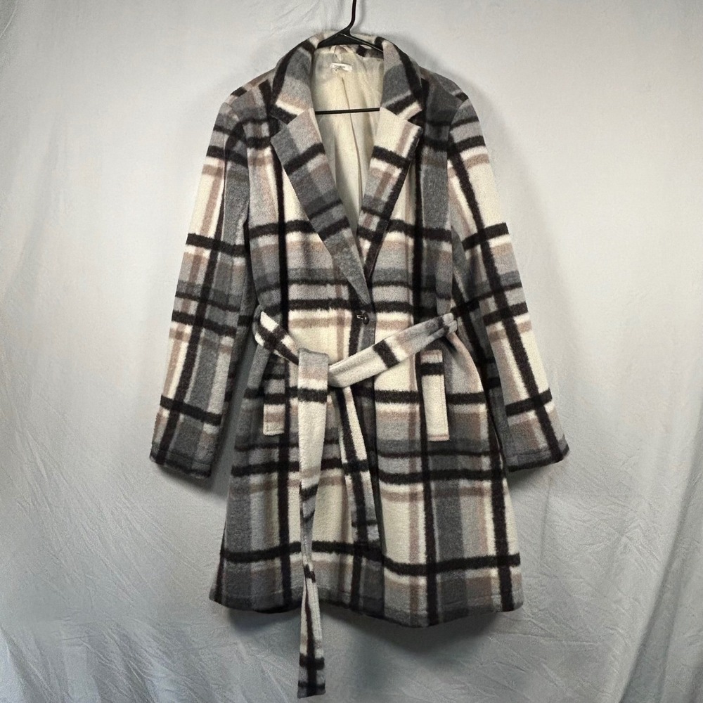 Maurices Plaid Trench Coat Women Large Gray Tan Soft Fuzzy Tie Waist Jacket